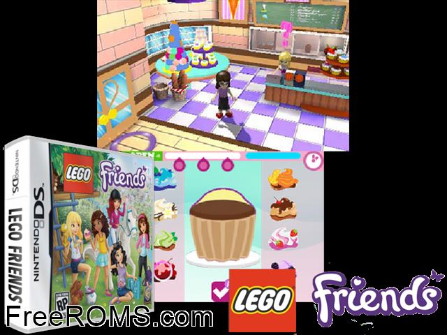 LEGO Friends NDS game showing 3D box cover and gameplay screenshot