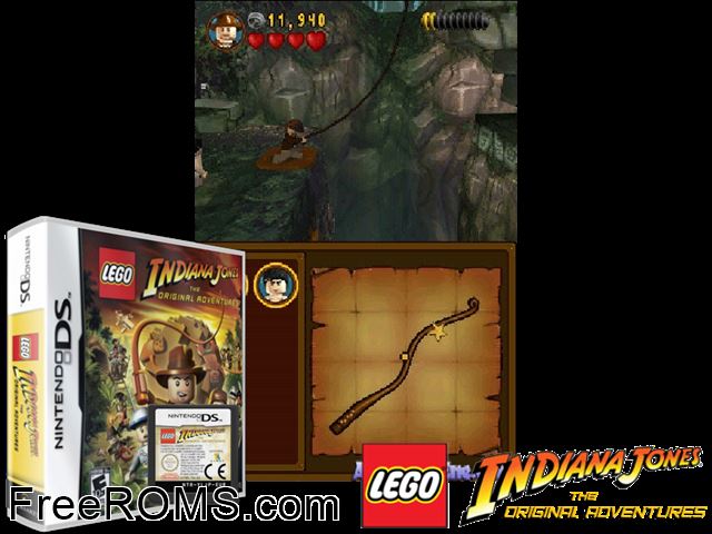 LEGO Indiana Jones - The Original Adventures NDS game showing 3D box cover and gameplay screenshot