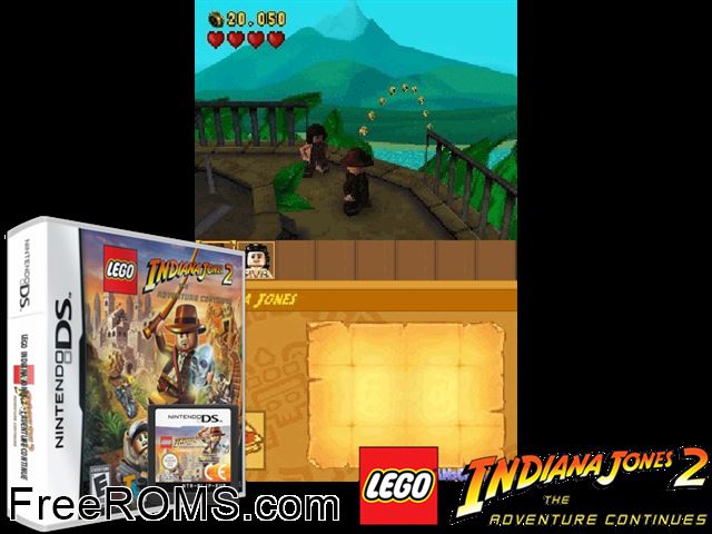 LEGO Indiana Jones 2 - The Adventure Continues NDS game showing 3D box cover and gameplay screenshot