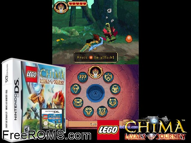 LEGO Legends of Chima Lavals Journey NDS game showing 3D box cover and gameplay screenshot