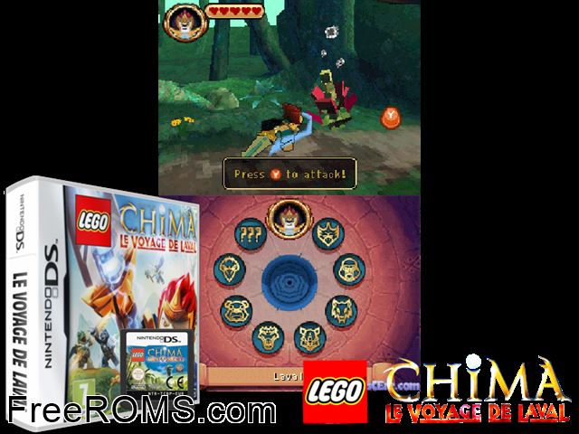 LEGO Legends of Chima Lavals Journey Europe NDS game showing 3D box cover and gameplay screenshot