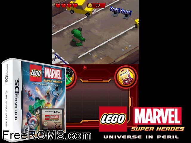 LEGO Marvel Super Heroes - Universe in Peril Europe NDS game showing 3D box cover and gameplay screenshot