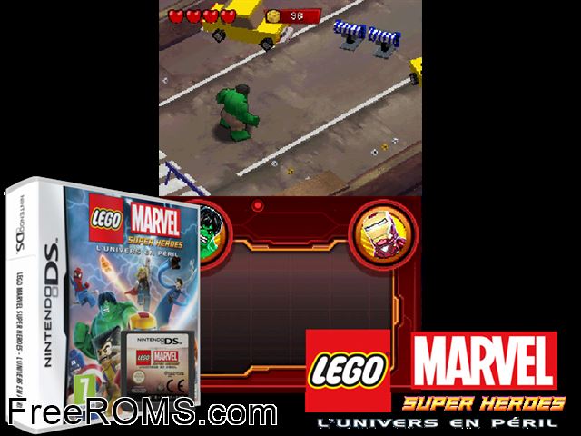LEGO Marvel Super Heroes Universe in Peril France NDS game showing 3D box cover and gameplay screenshot