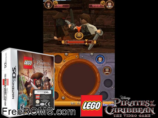 LEGO Pirates of The Caribbean - The Video Game NDS game showing 3D box cover and gameplay screenshot