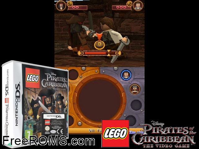 LEGO Pirates of the Caribbean - The Video Game Europe NDS game showing 3D box cover and gameplay screenshot