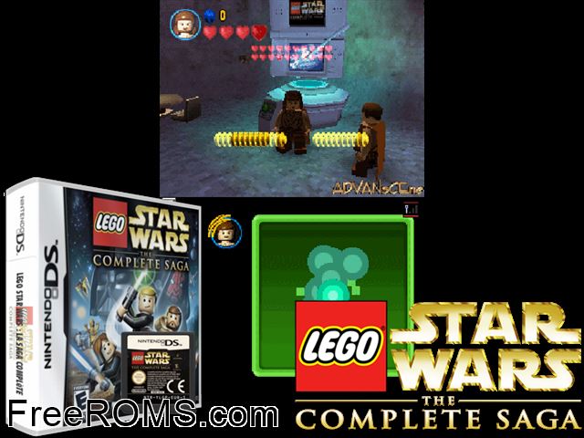 LEGO Star Wars - The Complete Saga NDS game showing 3D box cover and gameplay screenshot