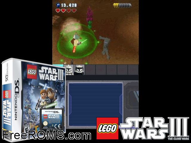LEGO Star Wars III - The Clone Wars NDS game showing 3D box cover and gameplay screenshot