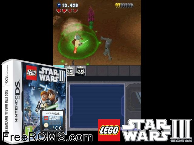 LEGO Star Wars III - The Clone Wars Europe NDS game showing 3D box cover and gameplay screenshot
