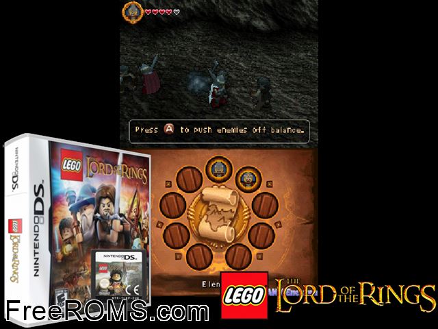 LEGO The Lord of the Rings NDS game showing 3D box cover and gameplay screenshot