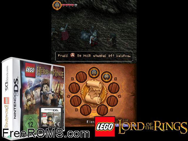 LEGO The Lord of the Rings Europe NDS game showing 3D box cover and gameplay screenshot