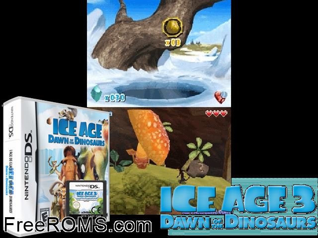 LEra Glaciale 3 - LAlba dei Dinosauri Italy NDS game showing 3D box cover and gameplay screenshot