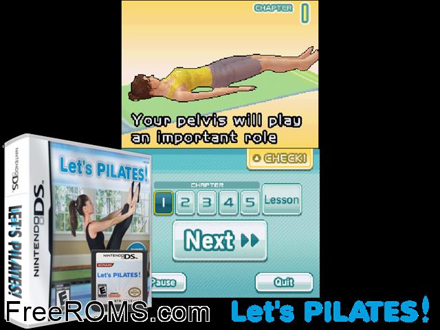 Lets Pilates! NDS game showing 3D box cover and gameplay screenshot