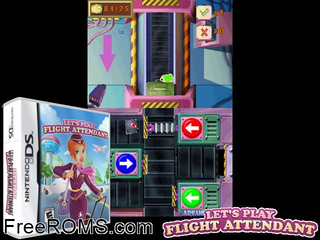 Lets Play Flight Attendant Europe NDS game showing 3D box cover and gameplay screenshot