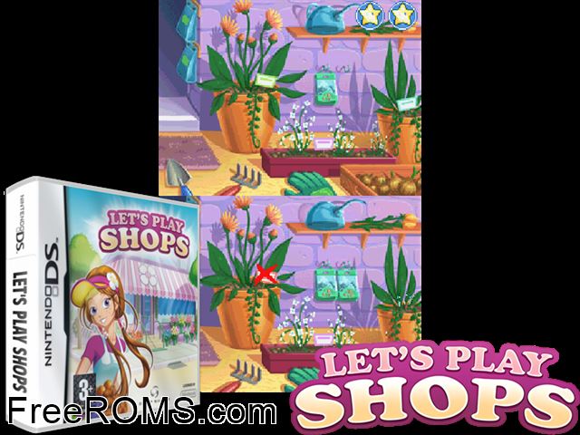 Lets Play Shops Europe NDS game showing 3D box cover and gameplay screenshot