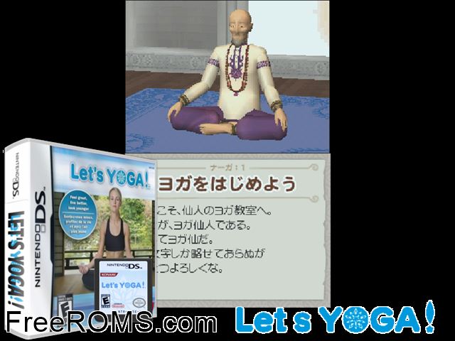 Lets Yoga! Europe NDS game showing 3D box cover and gameplay screenshot