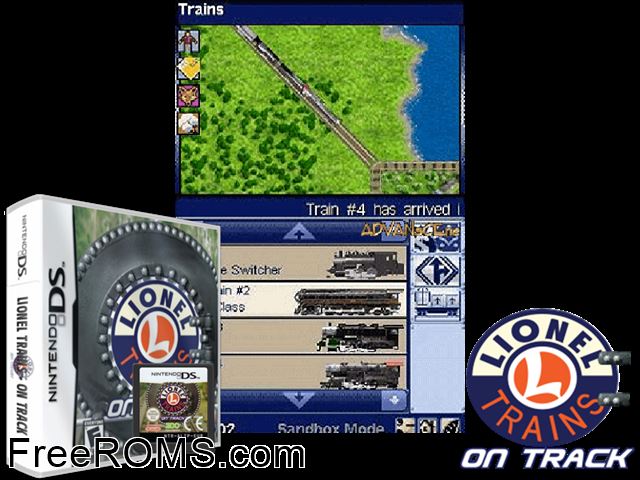 Lionel Trains On Track NDS game showing 3D box cover and gameplay screenshot