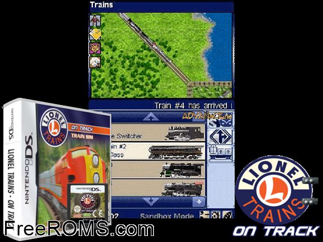 Lionel Trains On Track Europe NDS game showing 3D box cover and gameplay screenshot