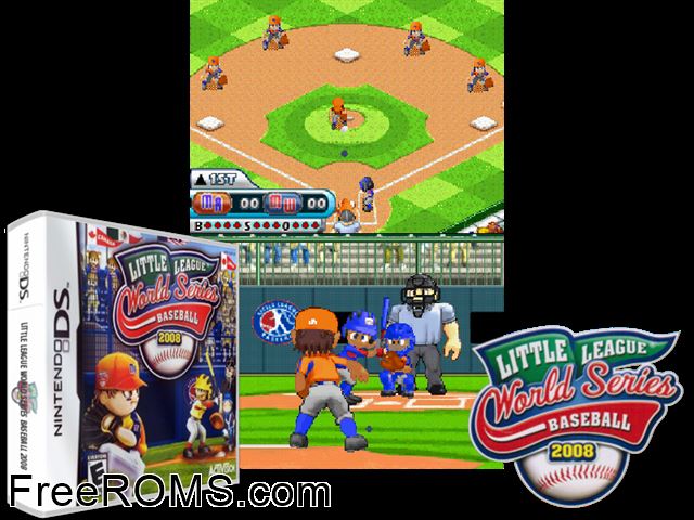 Little League World Series Baseball 2008 NDS game showing 3D box cover and gameplay screenshot