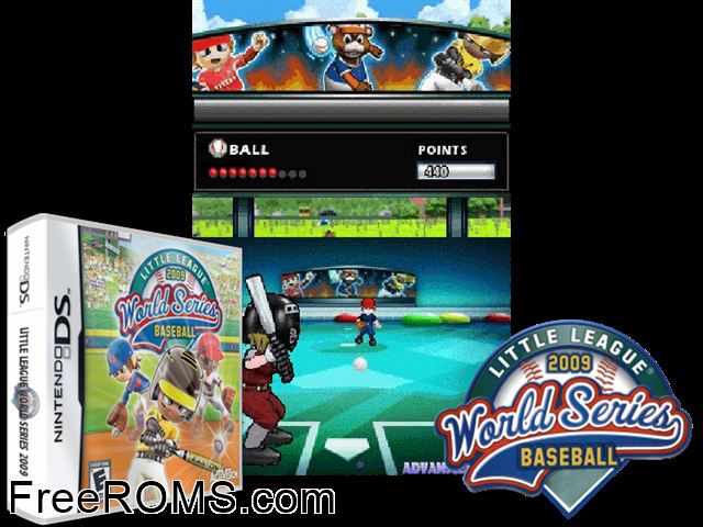 Little League World Series Baseball 2009 NDS game showing 3D box cover and gameplay screenshot