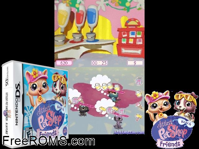 Littlest Pet Shop - Beach Friends NDS game showing 3D box cover and gameplay screenshot