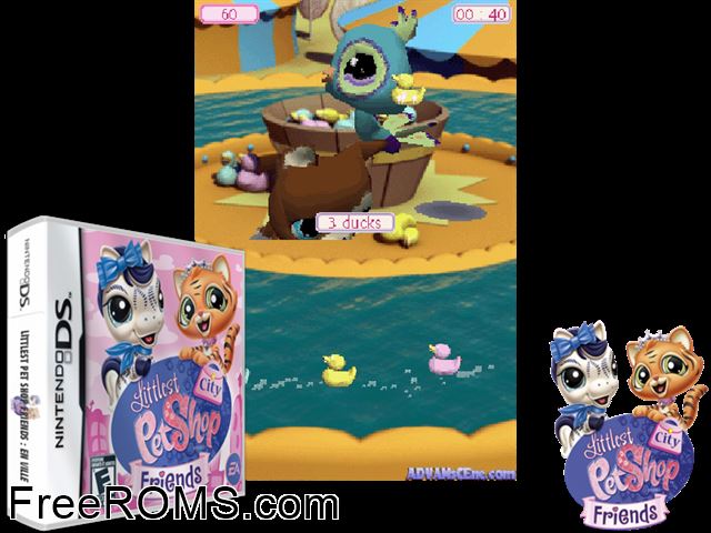 Littlest Pet Shop - City Friends NDS game showing 3D box cover and gameplay screenshot