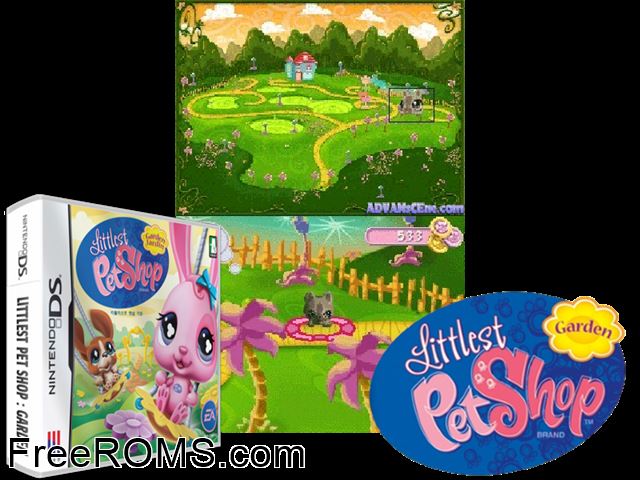 Littlest Pet Shop - Garden NDS game showing 3D box cover and gameplay screenshot