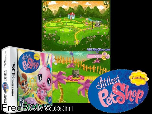 Littlest Pet Shop - Garden Europe NDS game showing 3D box cover and gameplay screenshot