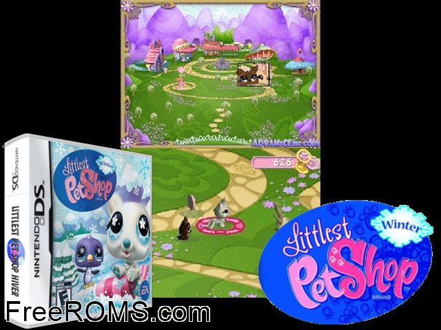 Littlest Pet Shop - Winter Europe NDS game showing 3D box cover and gameplay screenshot
