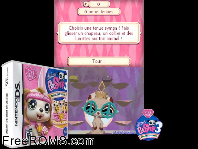 Littlest Pet Shop 3 - Biggest Stars - Pink Team Europe NDS game showing 3D box cover and gameplay screenshot