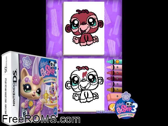 Littlest Pet Shop 3 - Biggest Stars - Purple Team NDS game showing 3D box cover and gameplay screenshot