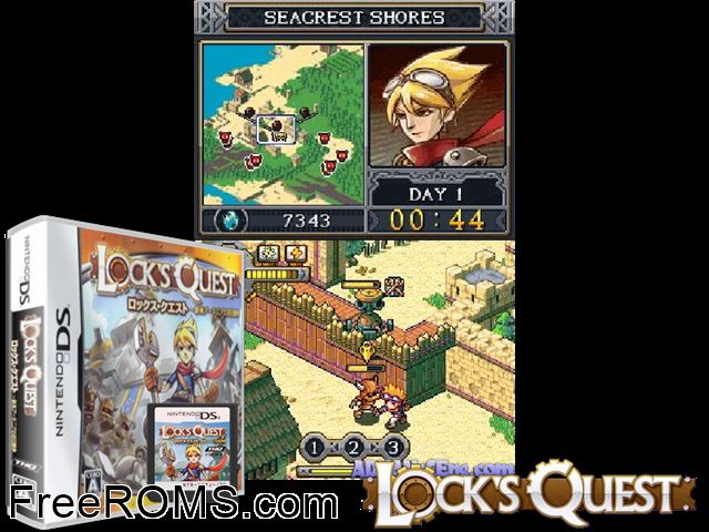 Locks Quest - Shinmai Arkinia no Hyakunichi Sensou Japan NDS game showing 3D box cover and gameplay screenshot