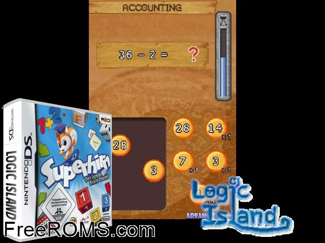 Logic Island Europe NDS game showing 3D box cover and gameplay screenshot