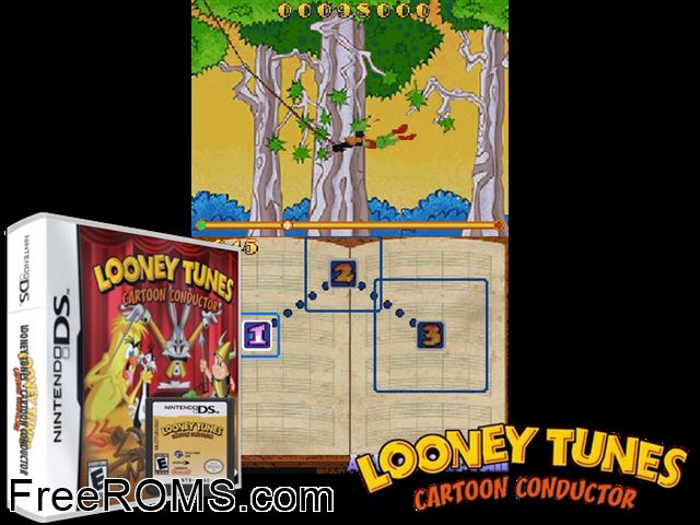 Looney Tunes - Cartoon Concerto Europe NDS game showing 3D box cover and gameplay screenshot