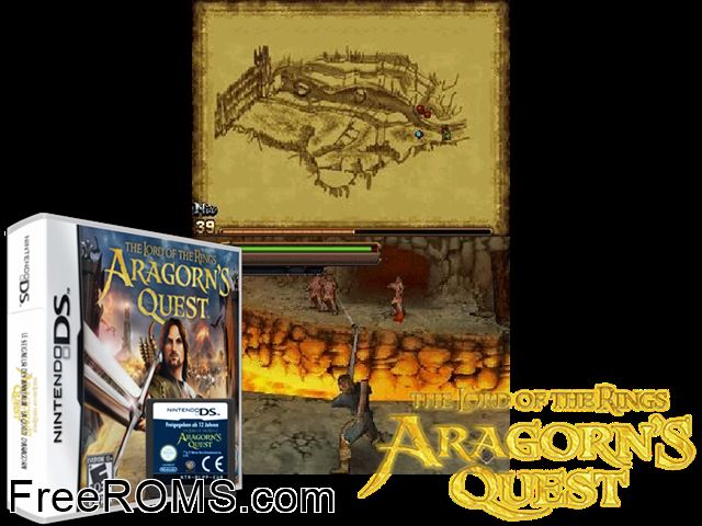 Lord of the Rings - Aragorns Quest The Europe NDS game showing 3D box cover and gameplay screenshot