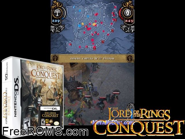 Lord of the Rings - Conquest, The NDS game showing 3D box cover and gameplay screenshot