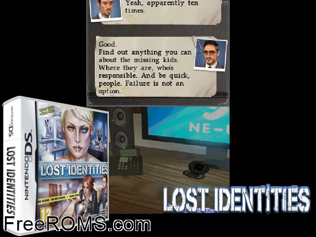 Lost Identities Europe NDS game showing 3D box cover and gameplay screenshot