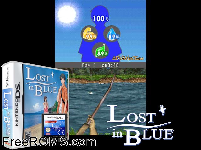 Lost in Blue NDS game showing 3D box cover and gameplay screenshot