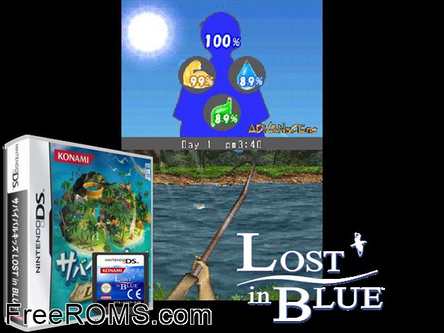 Lost in Blue - Futari no Survival Life Japan NDS game showing 3D box cover and gameplay screenshot