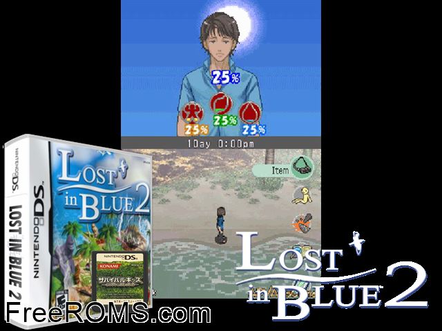 Lost in Blue 2 NDS game showing 3D box cover and gameplay screenshot