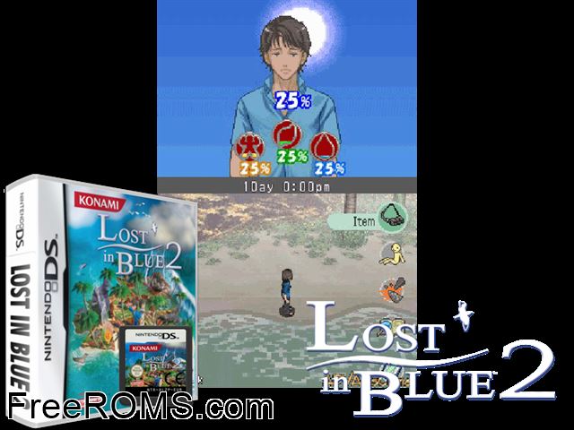 Lost in Blue 2 Europe NDS game showing 3D box cover and gameplay screenshot