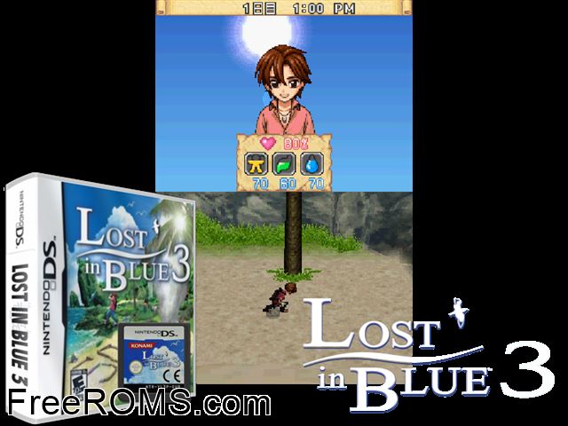 Lost in Blue 3 NDS game showing 3D box cover and gameplay screenshot