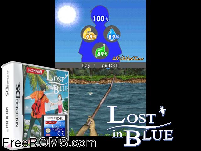 Lost in Blue Europe NDS game showing 3D box cover and gameplay screenshot