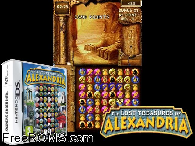 Lost Treasures of Alexandria The Europe NDS game showing 3D box cover and gameplay screenshot