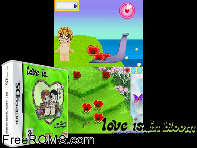 Love is......in Bloom - The Flower Shop Garden Europe NDS game showing 3D box cover and gameplay screenshot