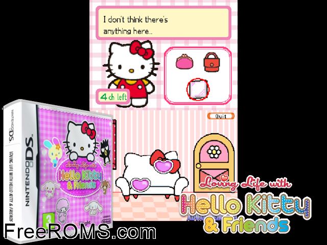 Loving Life with Hello Kitty and Friends Europe NDS game showing 3D box cover and gameplay screenshot