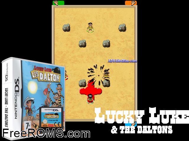 Lucky Luke - The Daltons Europe NDS game showing 3D box cover and gameplay screenshot