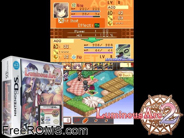 Luminous Arc 2 NDS game showing 3D box cover and gameplay screenshot