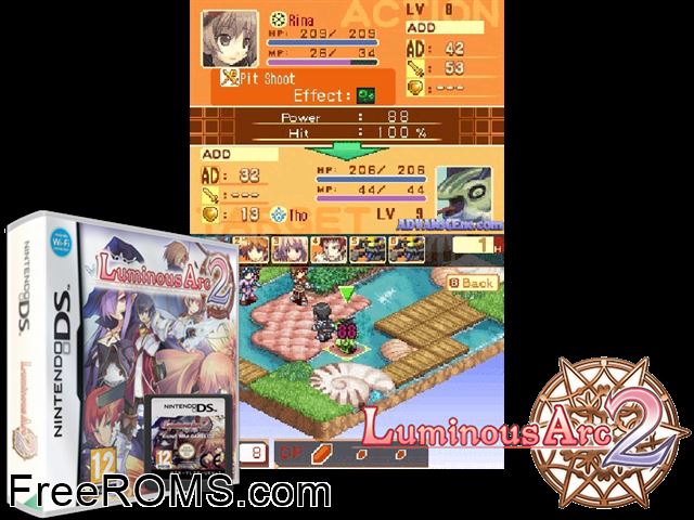 Luminous Arc 2 Europe NDS game showing 3D box cover and gameplay screenshot