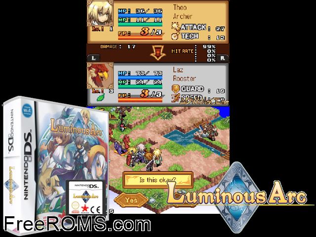 Luminous Arc Europe NDS game showing 3D box cover and gameplay screenshot