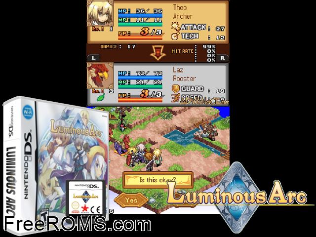 Luminous Arc Japan NDS game showing 3D box cover and gameplay screenshot